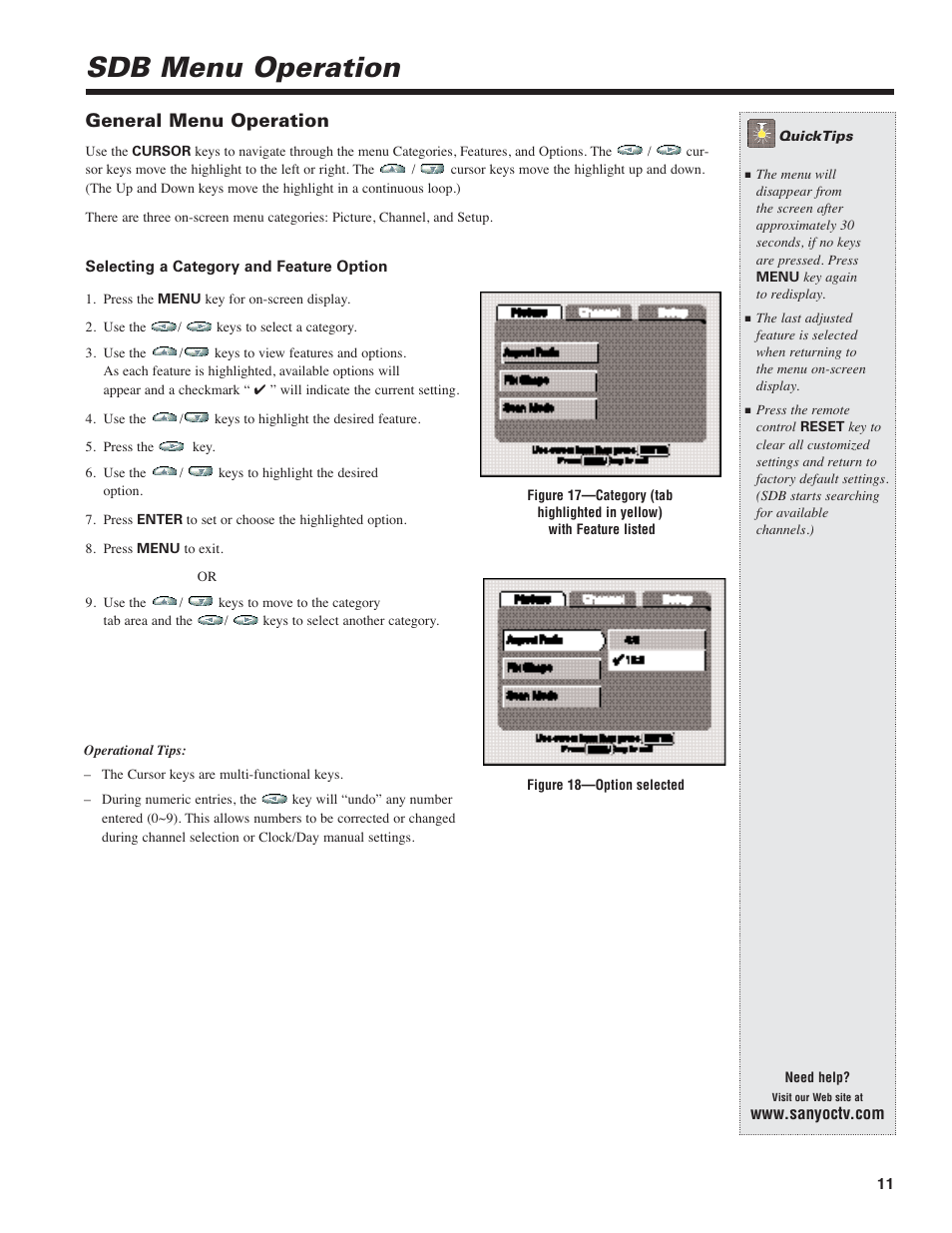 Sdb menu operation, General menu operation | Sanyo DIR-2000 User Manual | Page 11 / 24
