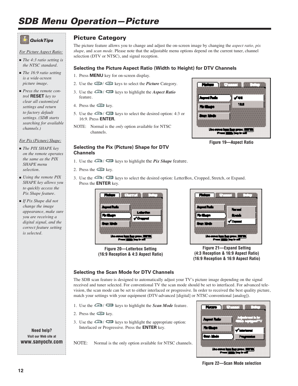 Sdb menu operation—picture, Picture category | Sanyo DIR-2000 User Manual | Page 12 / 24