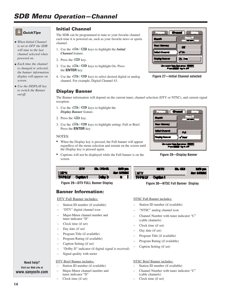 Sdb menu, Operation—channel, Initial channel | Display banner, Banner information | Sanyo DIR-2000 User Manual | Page 14 / 24