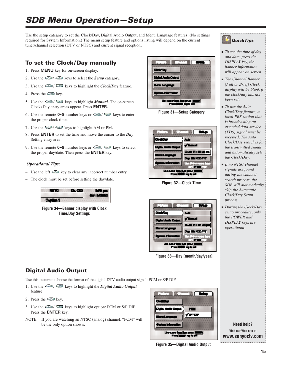 Sdb menu operation—setup, Digital audio output | Sanyo DIR-2000 User Manual | Page 15 / 24