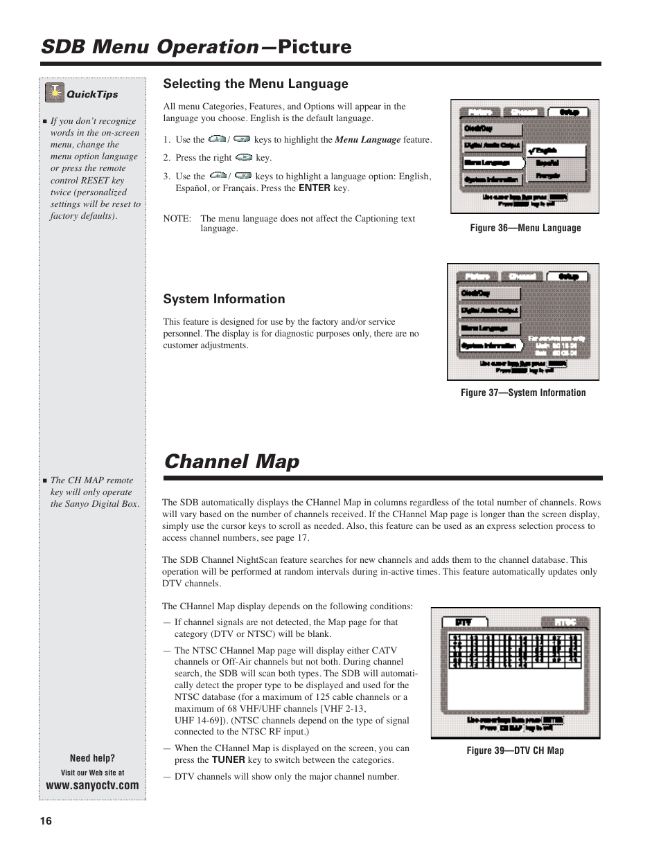 Sdb menu operation—picture, Channel map | Sanyo DIR-2000 User Manual | Page 16 / 24