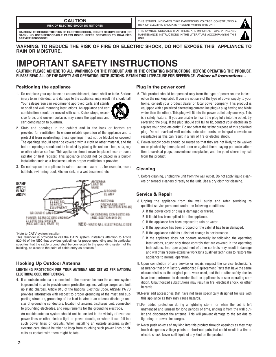 Important safety instructions | Sanyo DIR-2000 User Manual | Page 2 / 24