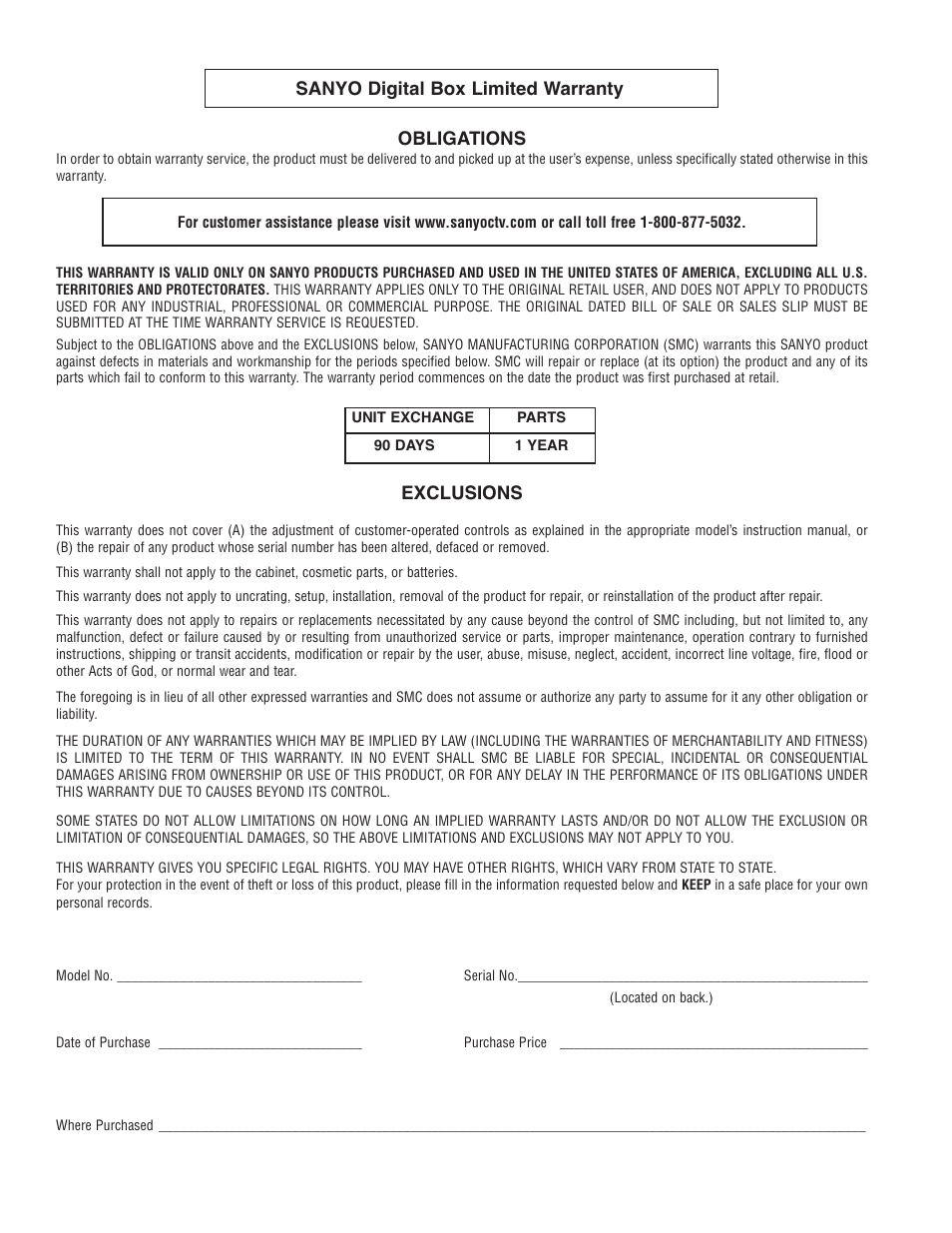 Obligations, Exclusions, Sanyo digital box limited warranty | Sanyo DIR-2000 User Manual | Page 24 / 24