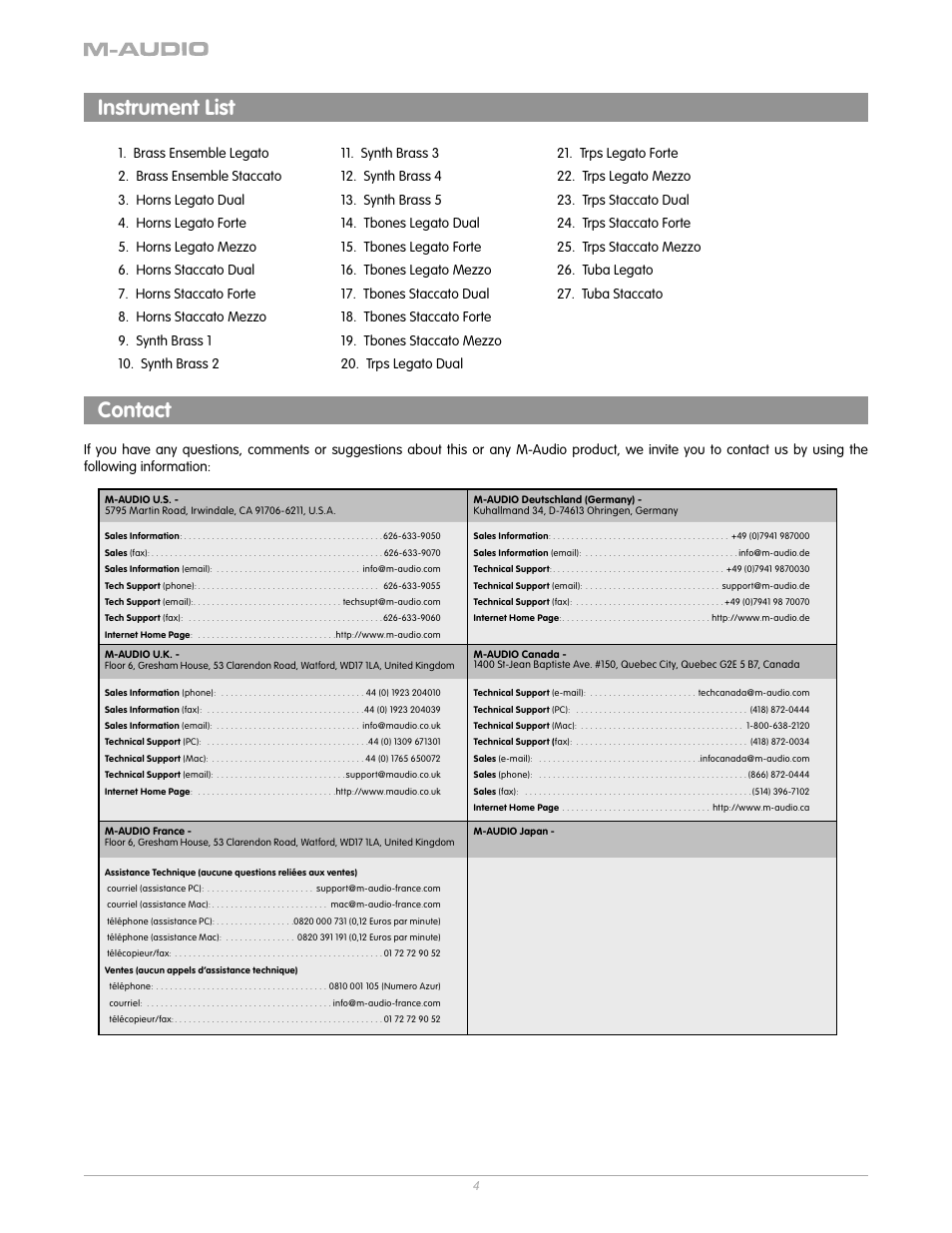 Instrument list, Contact | Sonic Impact Technologies DVT44IN User Manual | Page 3 / 4