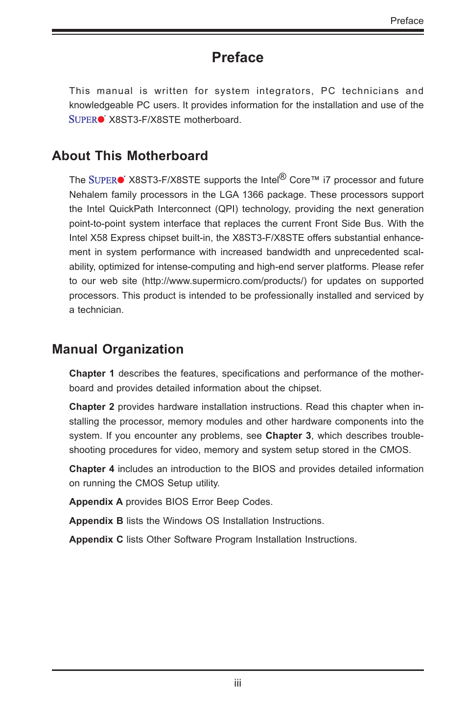 Preface, About this motherboard, Manual organization | SUPER MICRO Computer X8STE User Manual | Page 3 / 103