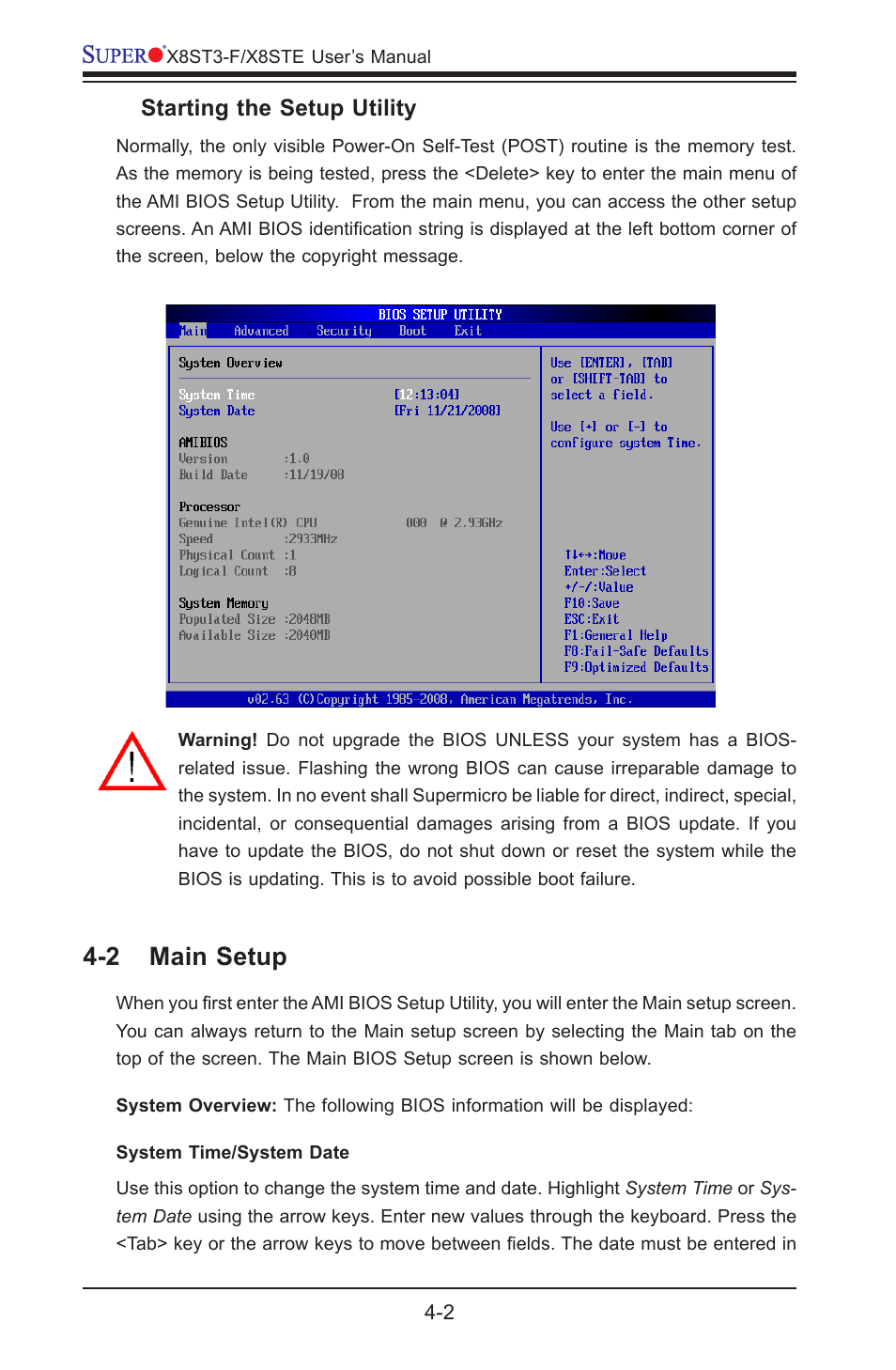 2 main setup, Starting the setup utility | SUPER MICRO Computer X8STE User Manual | Page 68 / 103