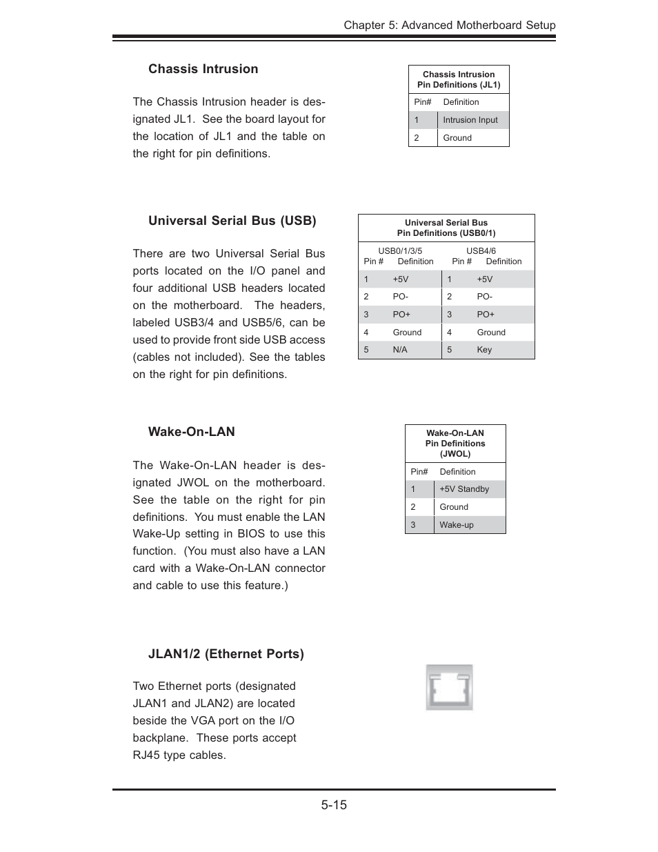 15 wake-on-lan, Chassis intrusion, Universal serial bus (usb) | Jlan1/2 (ethernet ports) | SUPER MICRO Computer 5014C-MF User Manual | Page 53 / 112