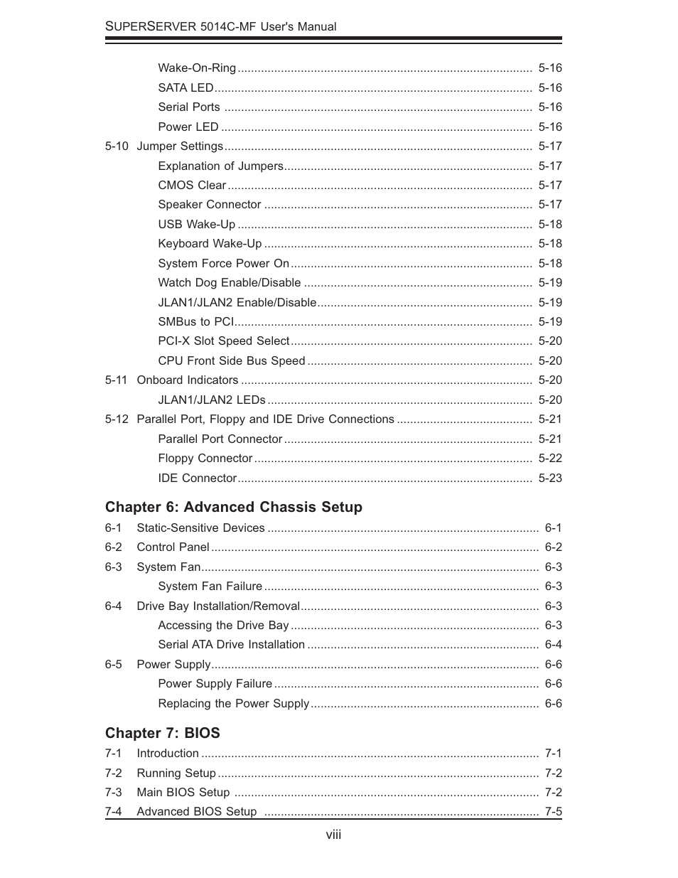 Chapter 6: advanced chassis setup, Chapter 7: bios | SUPER MICRO Computer 5014C-MF User Manual | Page 8 / 112
