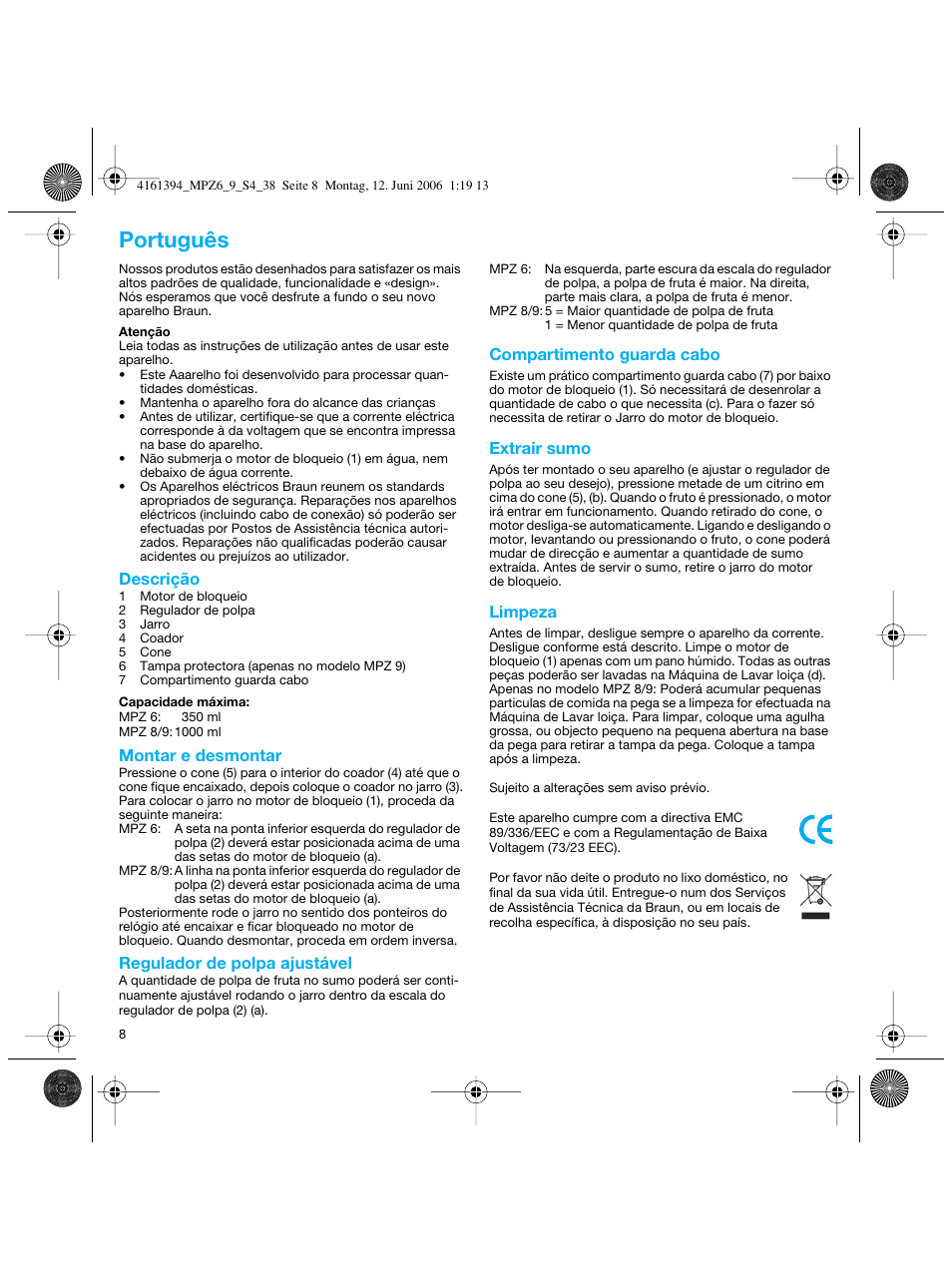 Português | Braun MPZ 8 User Manual | Page 8 / 35