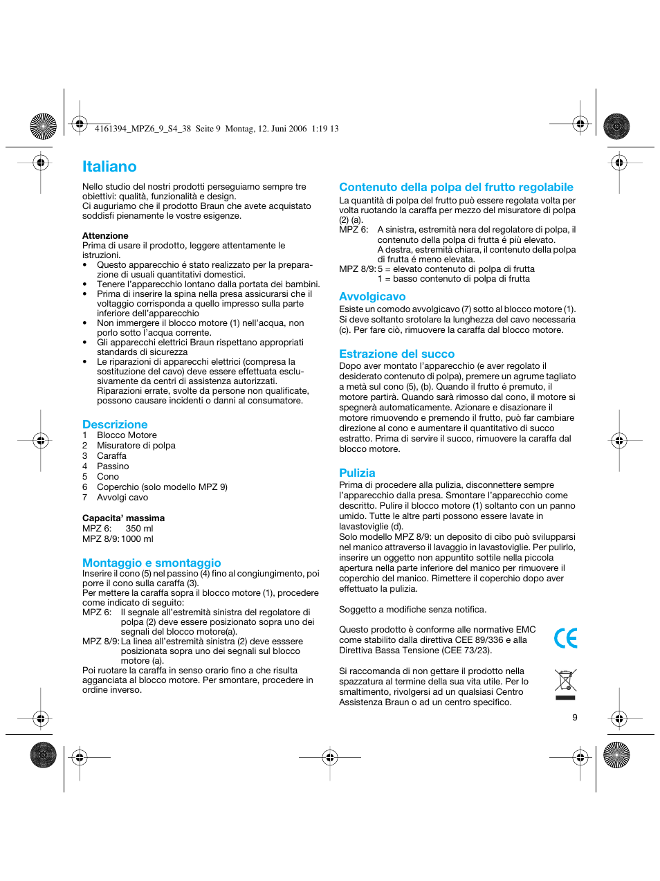 Italiano | Braun MPZ 8 User Manual | Page 9 / 35