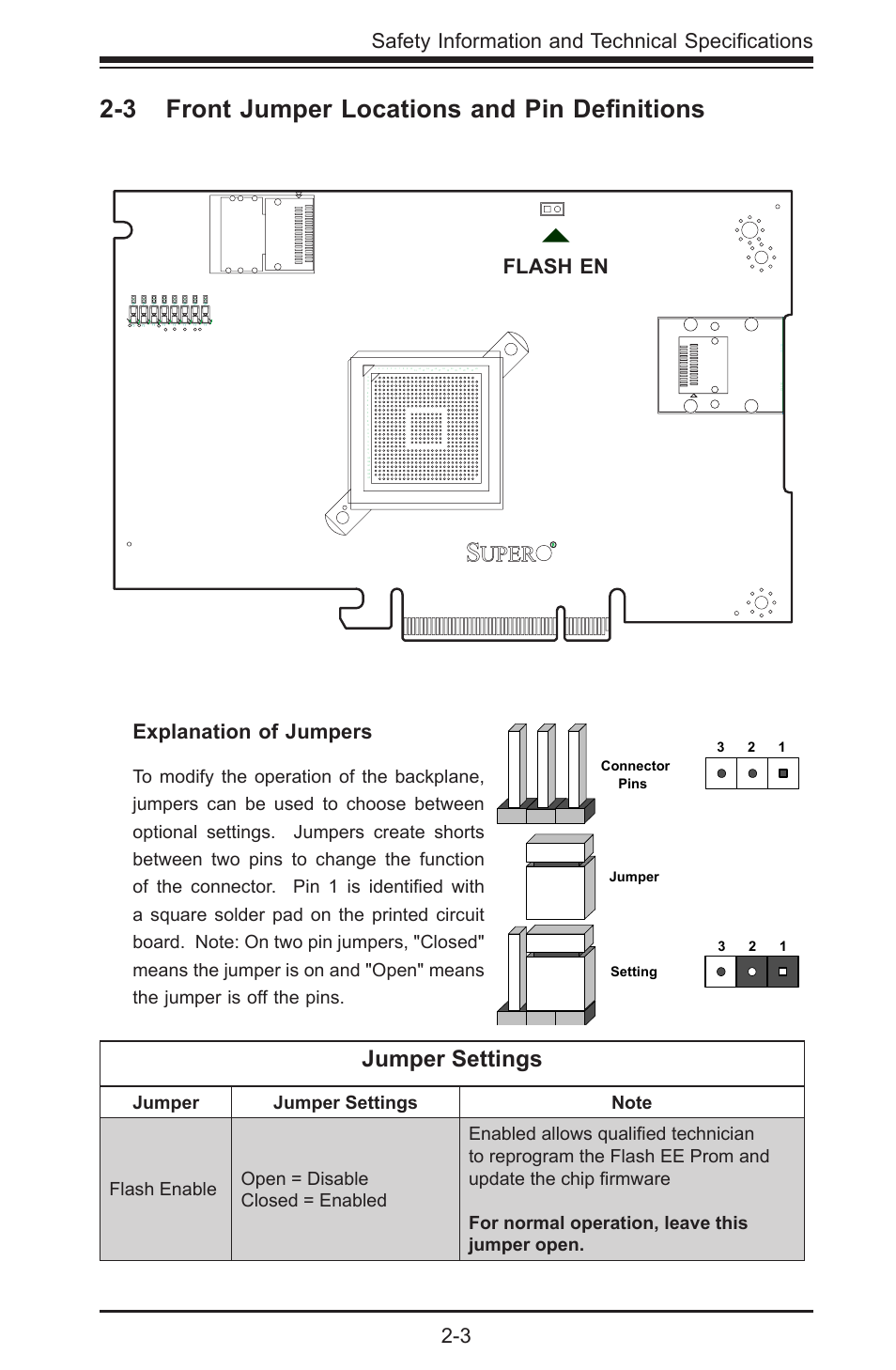 3 front jumper locations and pin definitions, Jumper settings, 3 safety information and technical specifications | Explanation of jumpers, Flash en | SUPER MICRO Computer AOC-USAS-S4I User Manual | Page 11 / 26