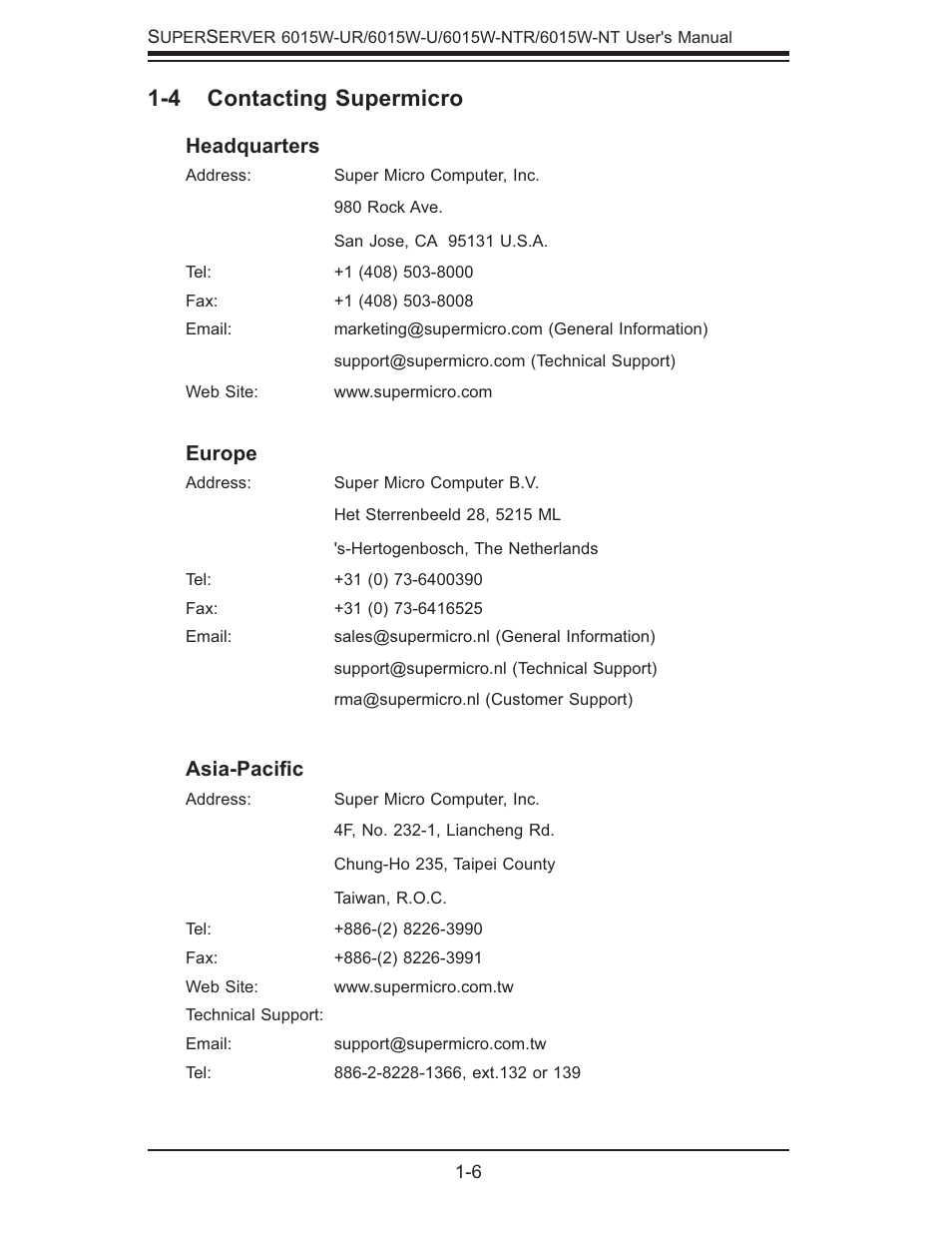 4 contacting supermicro, Headquarters, Europe | Asia-paciﬁ c | SUPER MICRO Computer 6015W-UR User Manual | Page 14 / 110