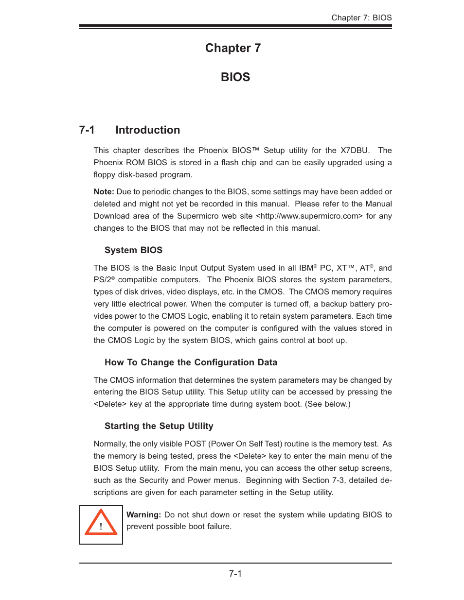 Chapter 7 bios, 1 introduction | SUPER MICRO Computer 6025B-UR User Manual | Page 67 / 122