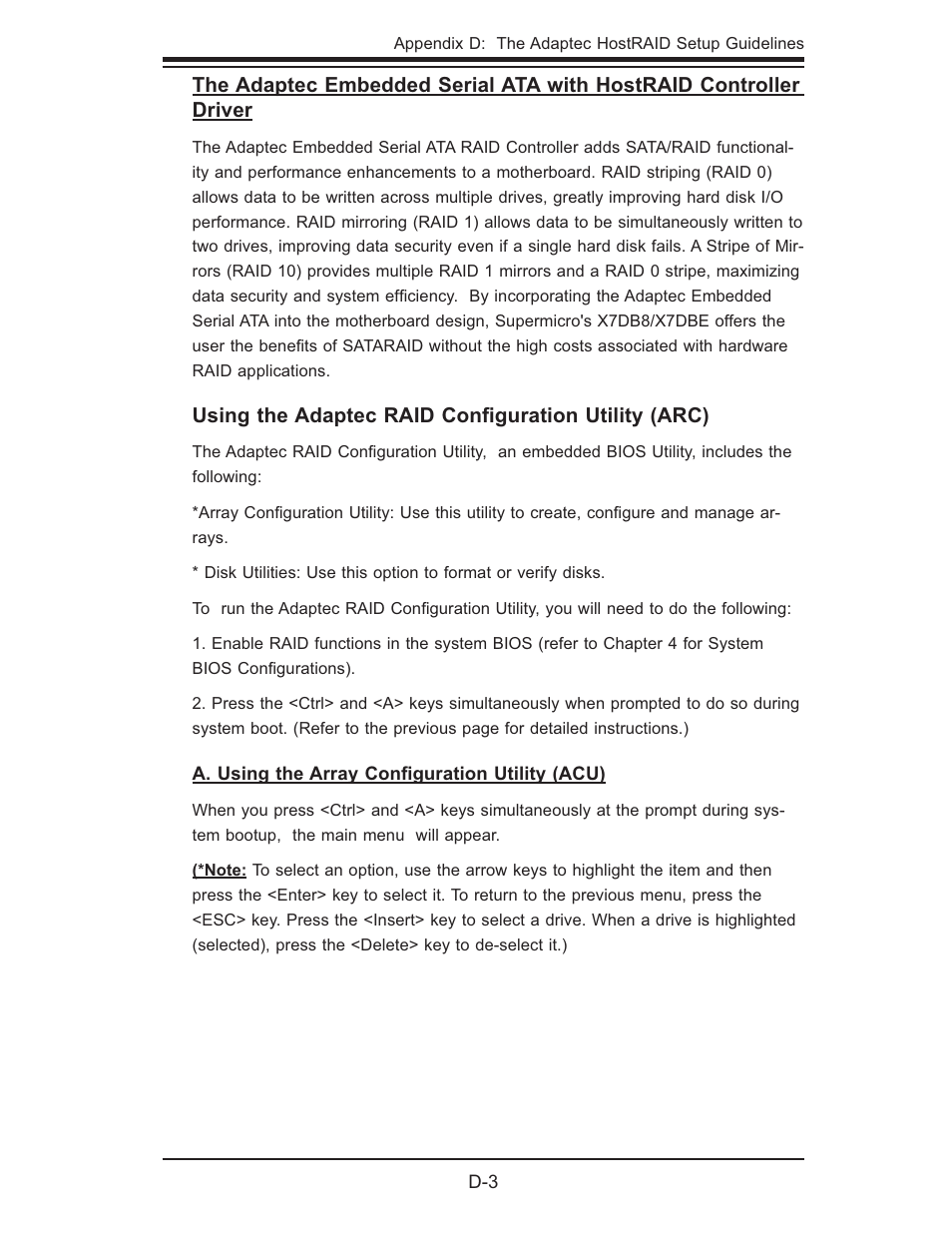 Using the adaptec raid conﬁ guration utility (arc) | SUPER MICRO Computer SUPER X7DB8 User Manual | Page 109 / 130