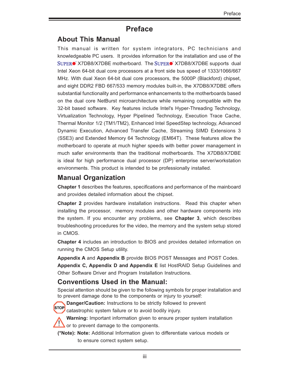 Preface, About this manual, Manual organization | Conventions used in the manual | SUPER MICRO Computer SUPER X7DB8 User Manual | Page 3 / 130