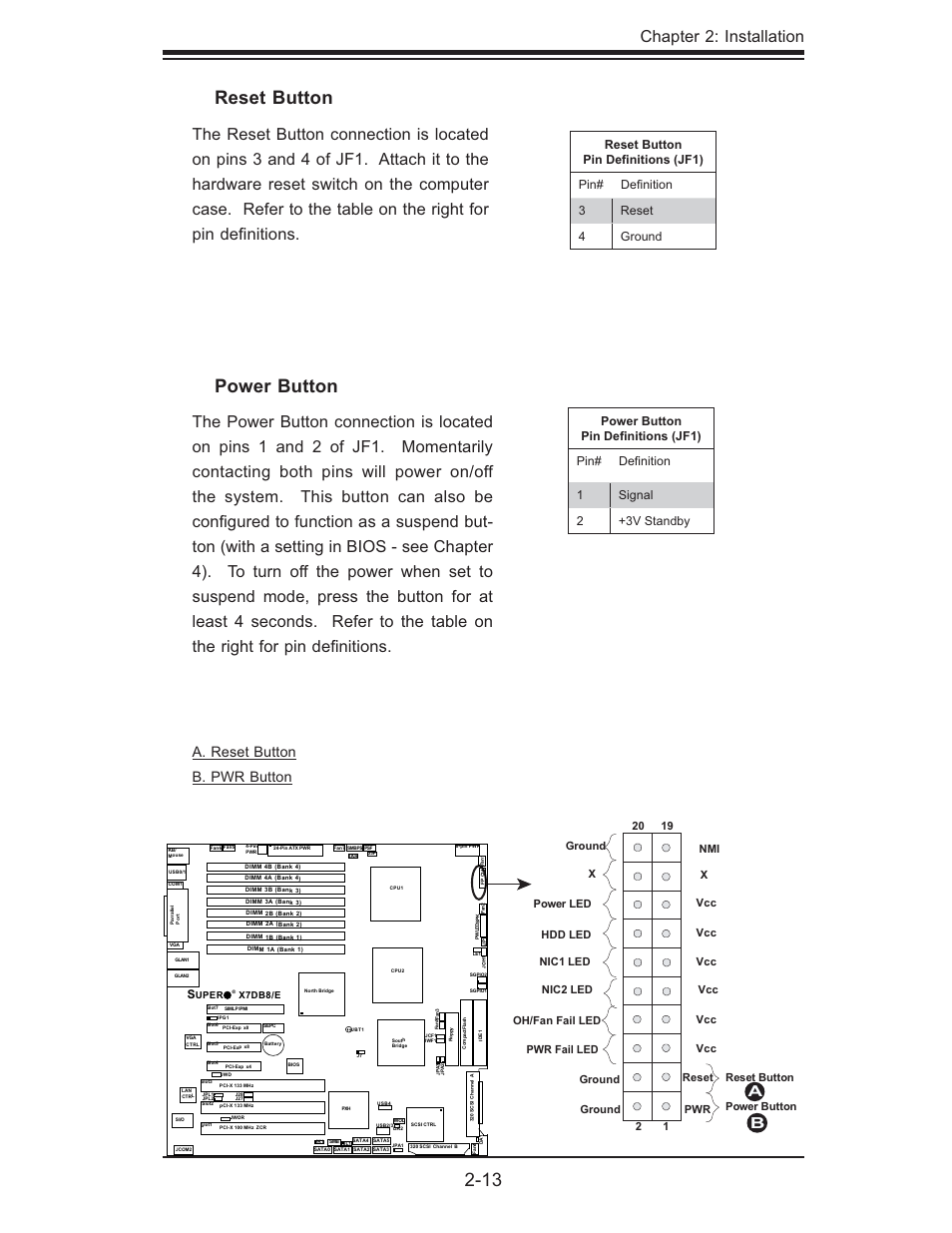 Power button, Reset button, Chapter 2: installation | A. reset button b. pwr button | SUPER MICRO Computer SUPER X7DB8 User Manual | Page 33 / 130