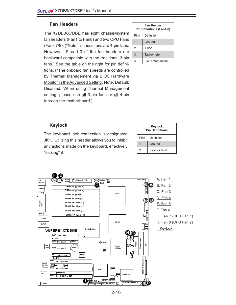 Fan headers, Keylock, X7db8/x7dbe user's manual | Uper x7db8/e | SUPER MICRO Computer SUPER X7DB8 User Manual | Page 36 / 130