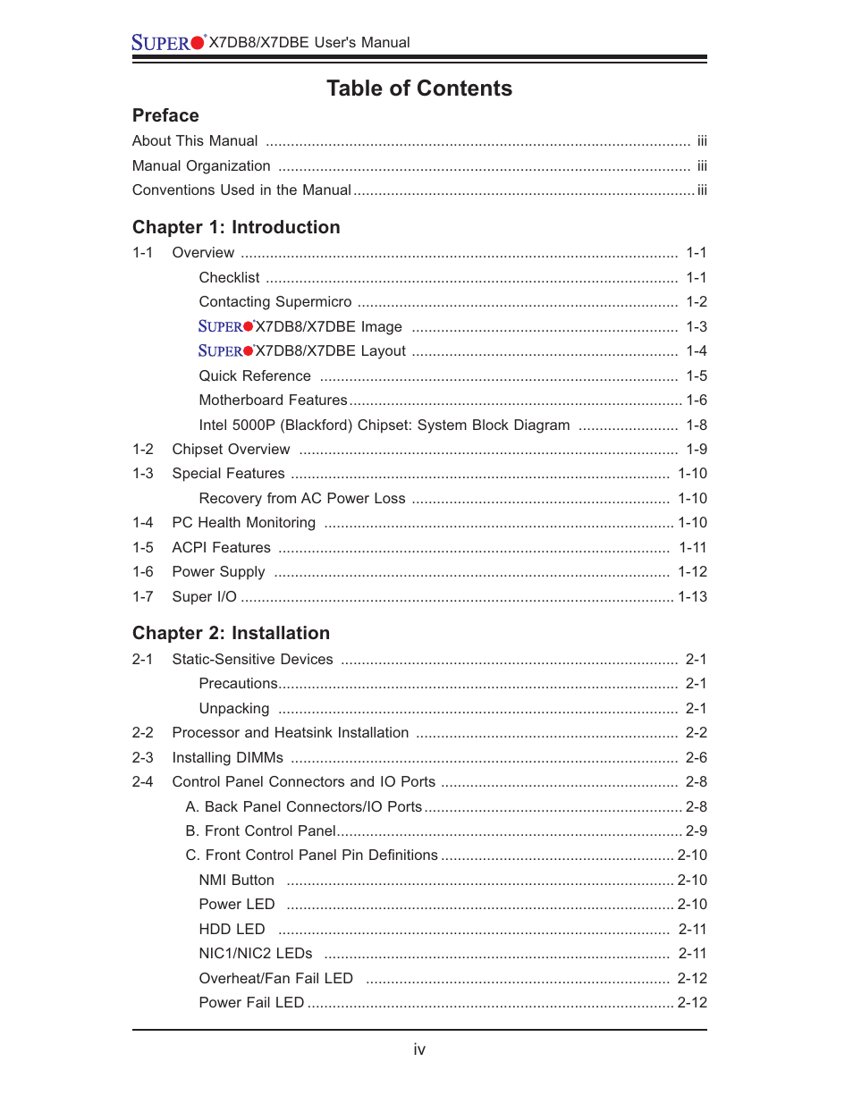 SUPER MICRO Computer SUPER X7DB8 User Manual | Page 4 / 130