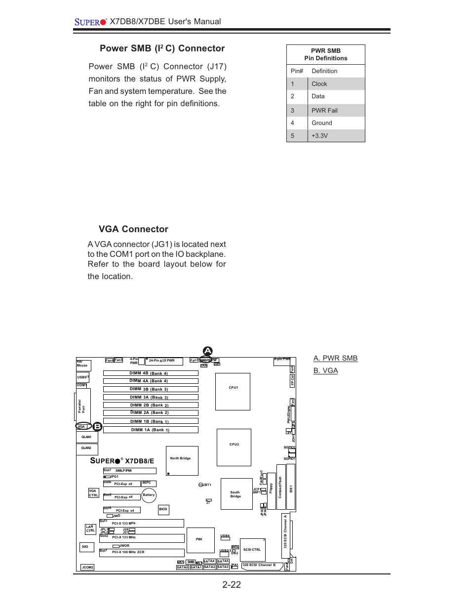 Power smb (i, C) connector, Vga connector | X7db8/x7dbe user's manual, A. pwr smb b. vga, Uper x7db8/e | SUPER MICRO Computer SUPER X7DB8 User Manual | Page 42 / 130