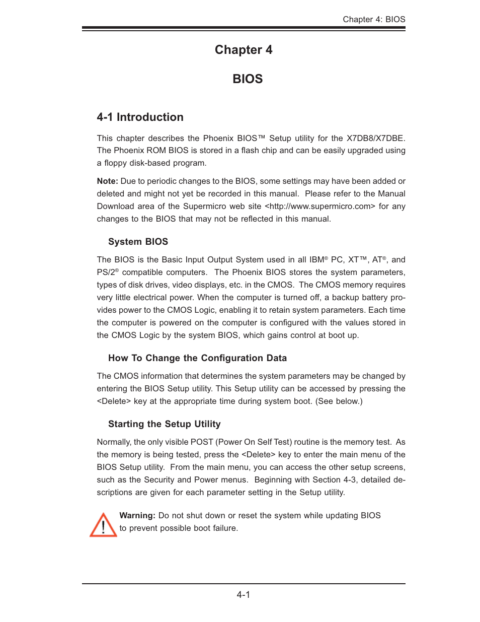 Chapter 4 bios, 1 introduction | SUPER MICRO Computer SUPER X7DB8 User Manual | Page 59 / 130