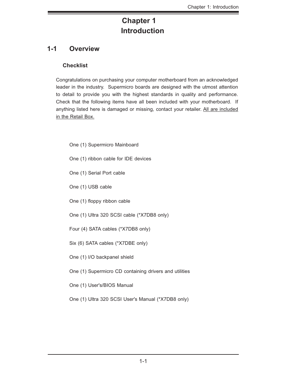 Chapter 1 introduction, 1 overview | SUPER MICRO Computer SUPER X7DB8 User Manual | Page 7 / 130