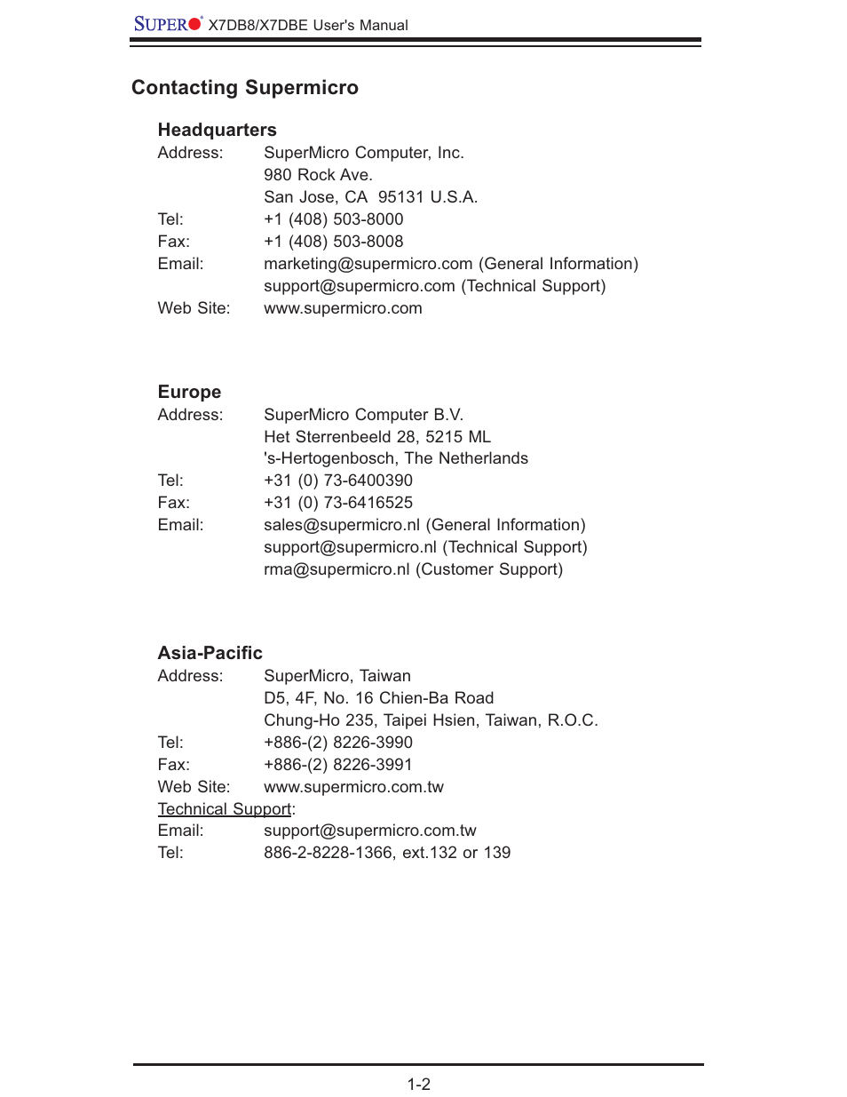 Contacting supermicro | SUPER MICRO Computer SUPER X7DB8 User Manual | Page 8 / 130