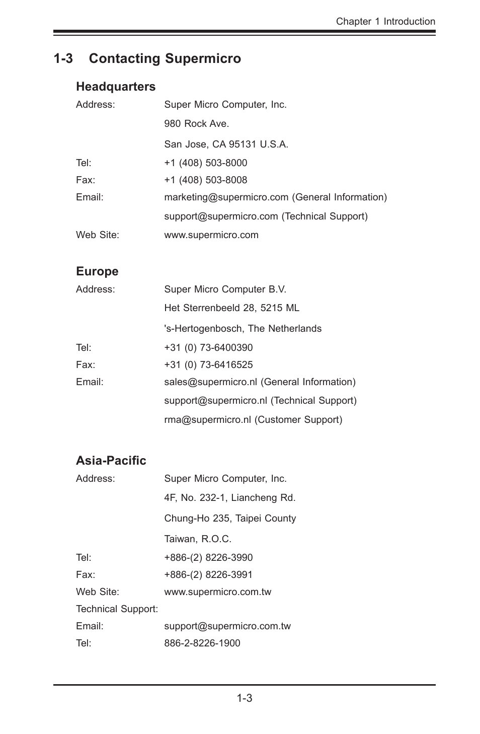 3 contacting supermicro, Headquarters, Europe | Asia-pacific | SUPER MICRO Computer Supero SC512 User Manual | Page 11 / 68