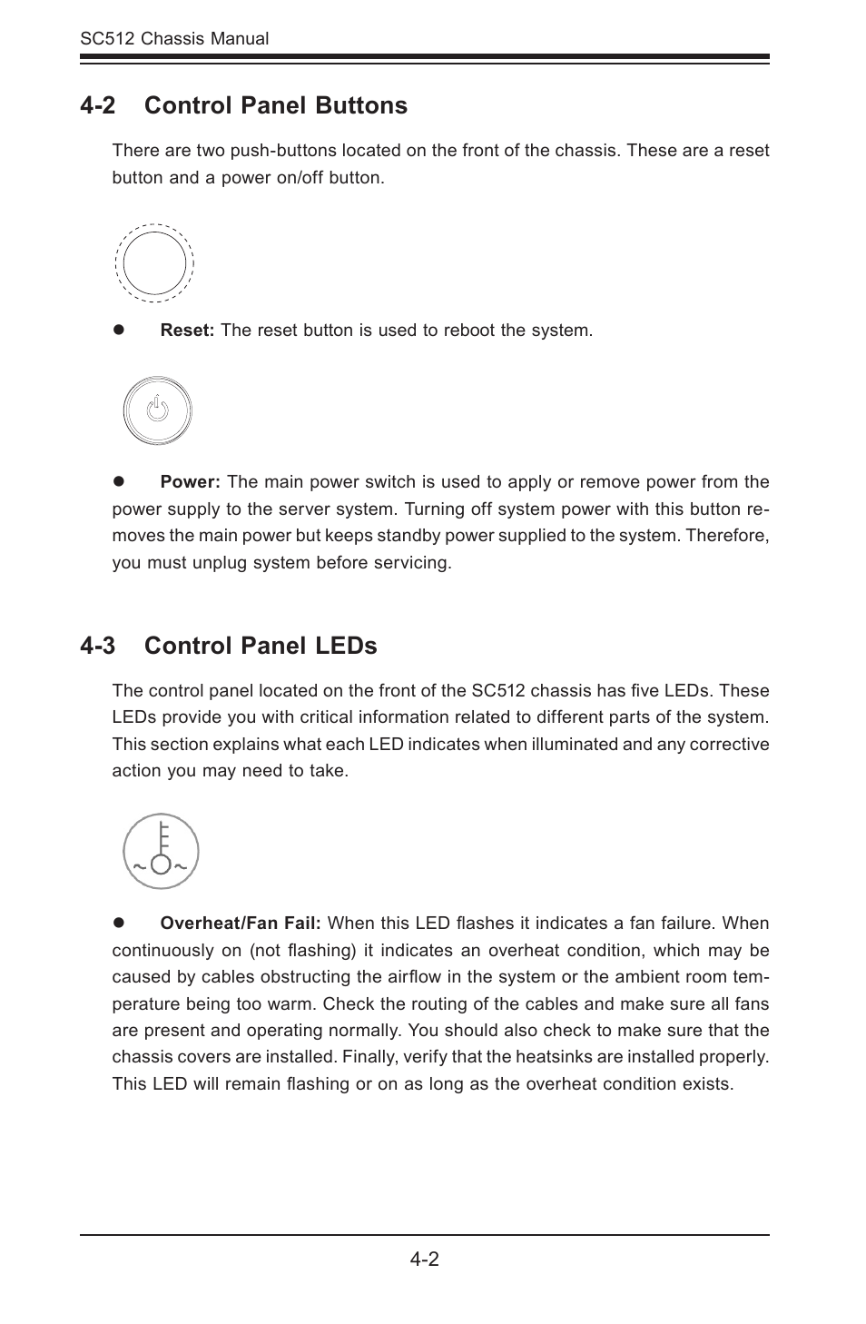 2 control panel buttons, 3 control panel leds | SUPER MICRO Computer Supero SC512 User Manual | Page 28 / 68