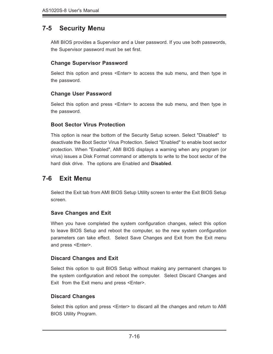 5 security menu, 6 exit menu | SUPER MICRO Computer AS1020S-8 User Manual | Page 86 / 102