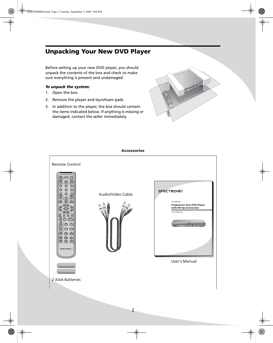 Unpacking your new dvd player | SpectronIQ PD-3000HD User Manual | Page 10 / 40