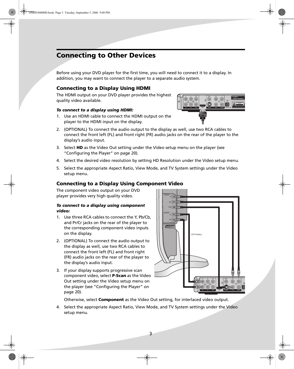 Connecting to other devices, Connecting to a display using hdmi, Connecting to a display using component video | SpectronIQ PD-3000HD User Manual | Page 11 / 40