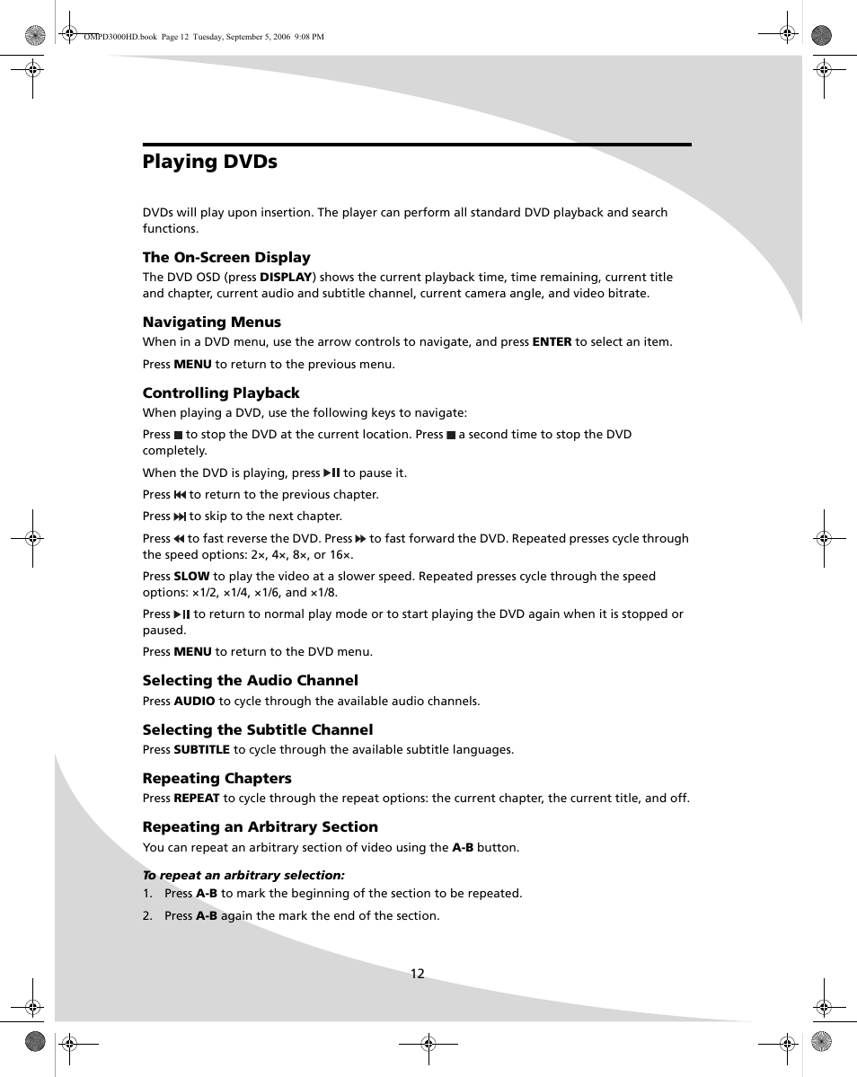 Playing dvds | SpectronIQ PD-3000HD User Manual | Page 20 / 40