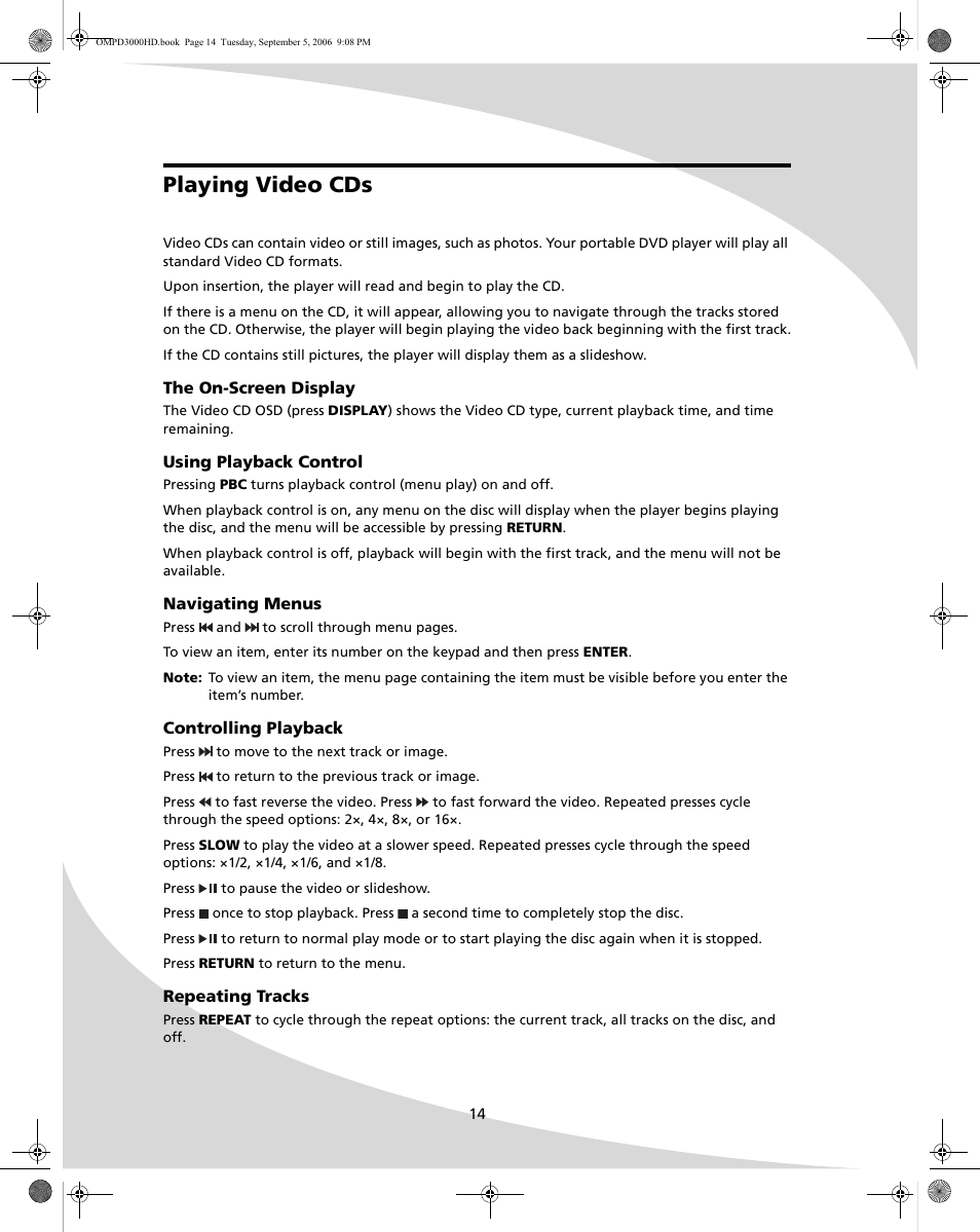 Playing video cds | SpectronIQ PD-3000HD User Manual | Page 22 / 40