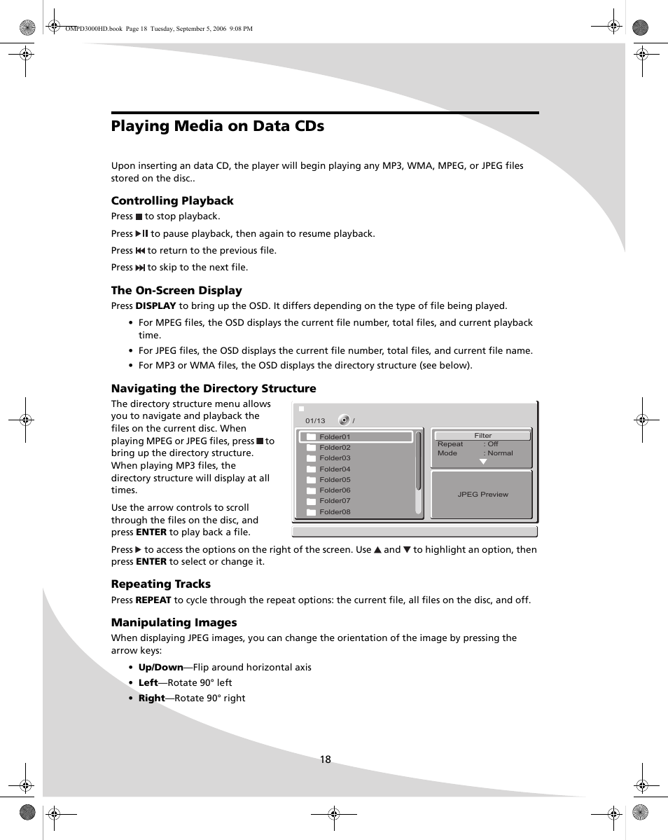 Playing media on data cds, Controlling playback, The on-screen display | Navigating the directory structure, Repeating tracks, Manipulating images | SpectronIQ PD-3000HD User Manual | Page 26 / 40