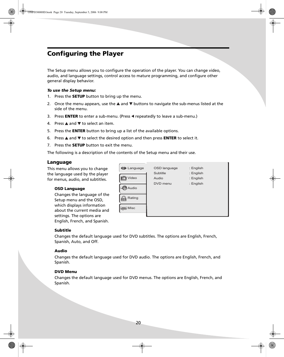 Configuring the player, Language | SpectronIQ PD-3000HD User Manual | Page 28 / 40