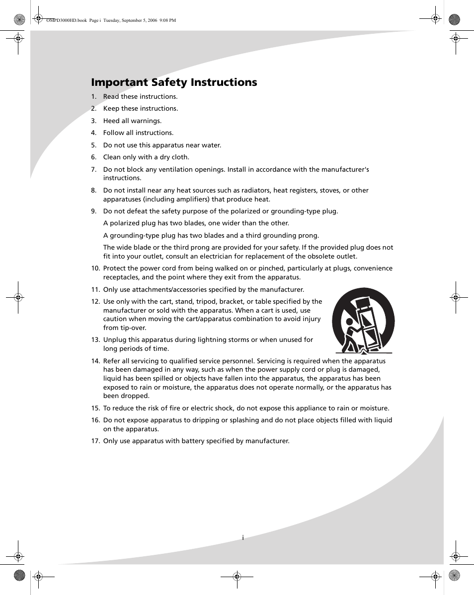 Important safety instructions | SpectronIQ PD-3000HD User Manual | Page 3 / 40