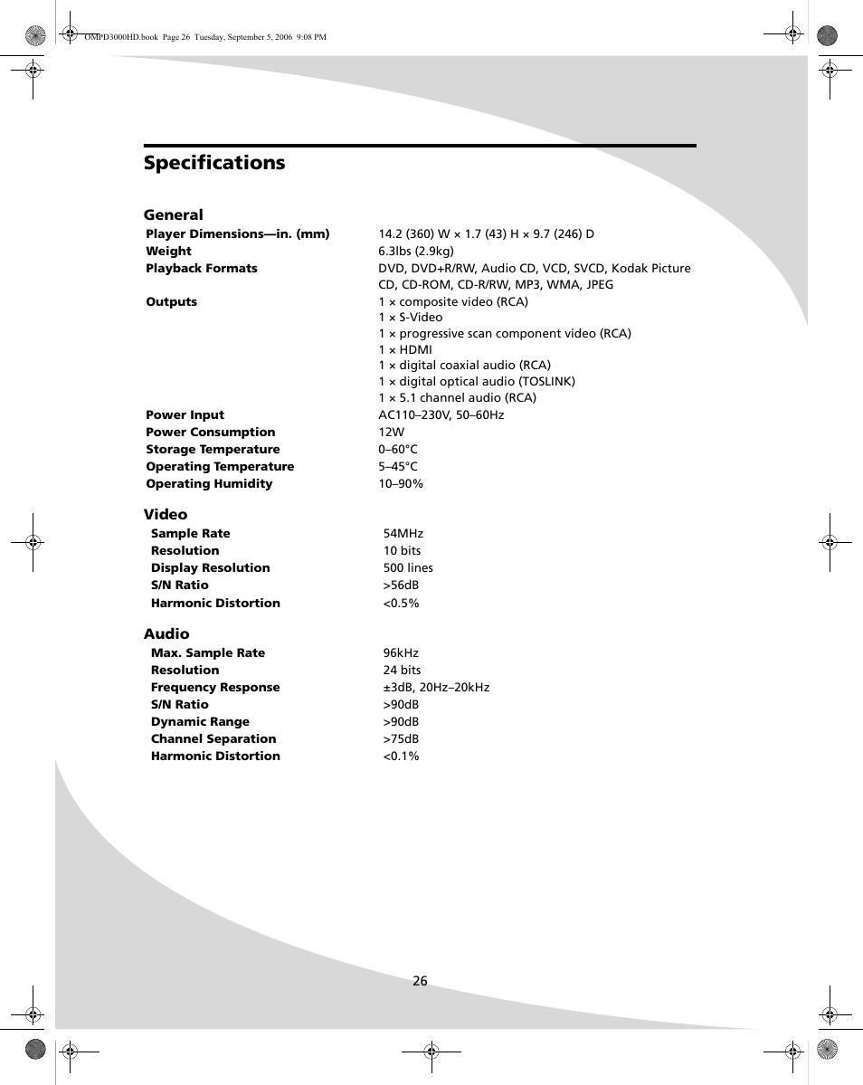 Specifications | SpectronIQ PD-3000HD User Manual | Page 34 / 40