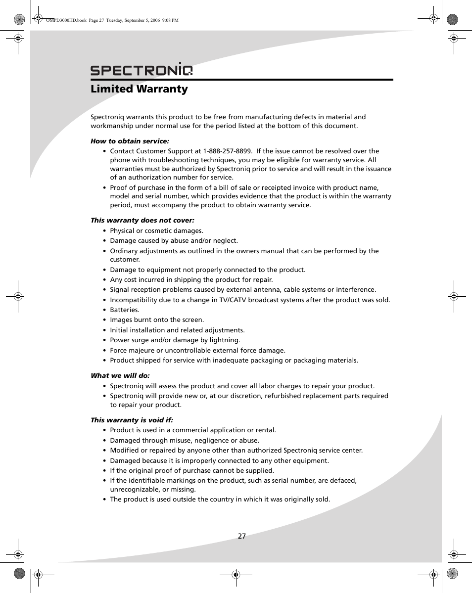 Limited warranty | SpectronIQ PD-3000HD User Manual | Page 35 / 40