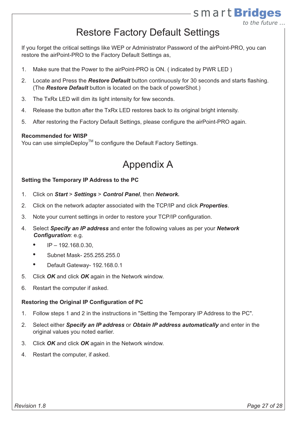 Restore factory default settings, Appendix a | SmartBridges airPoint Pro Series User Manual | Page 27 / 28
