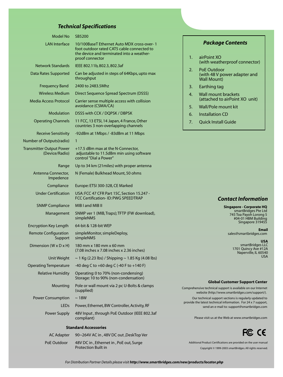 Technical specifications, Contact information, Package contents | SmartBridges SB5200 User Manual | Page 4 / 4