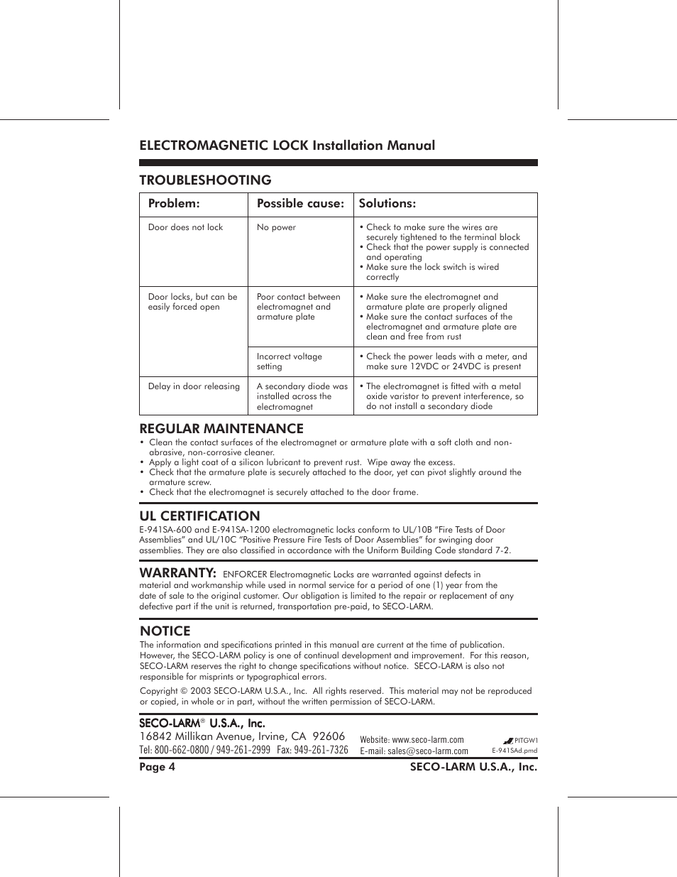 Electromagnetic lock installation manual, Notice, Regular maintenance | Troubleshooting, Warranty, Ul certification, Problem, Possible cause, Solutions | SECO-LARM USA E-941DA-1K2P User Manual | Page 4 / 5