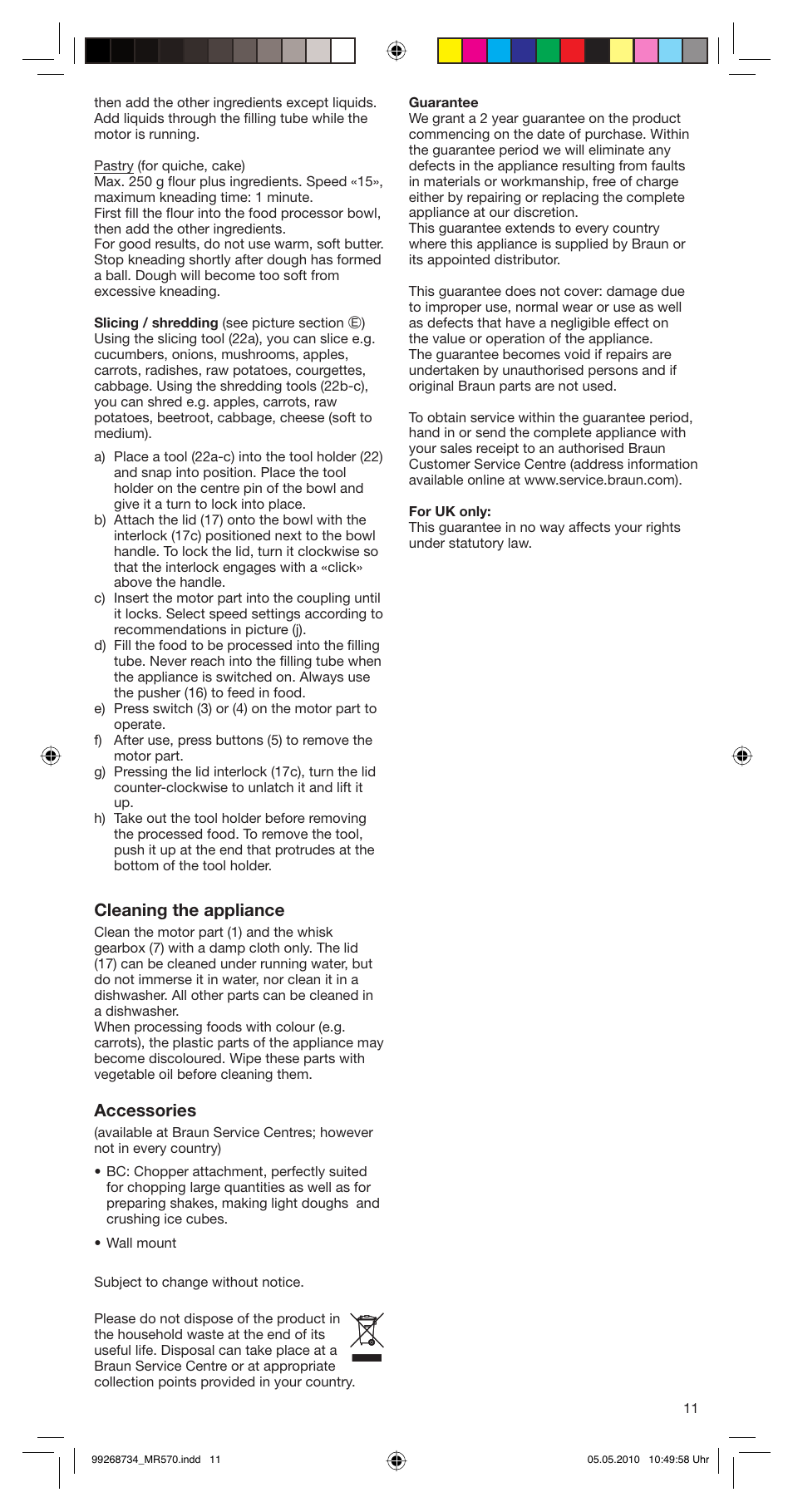 Cleaning the appliance, Accessories | Braun MR570 Patisserie User Manual | Page 11 / 55