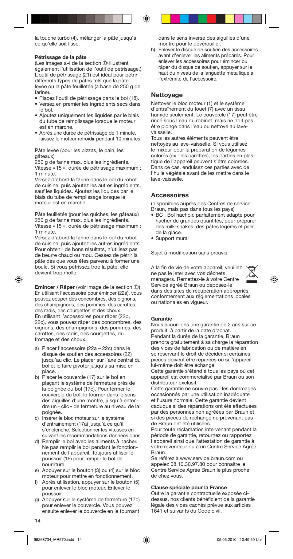 Nettoyage, Accessoires | Braun MR570 Patisserie User Manual | Page 14 / 55