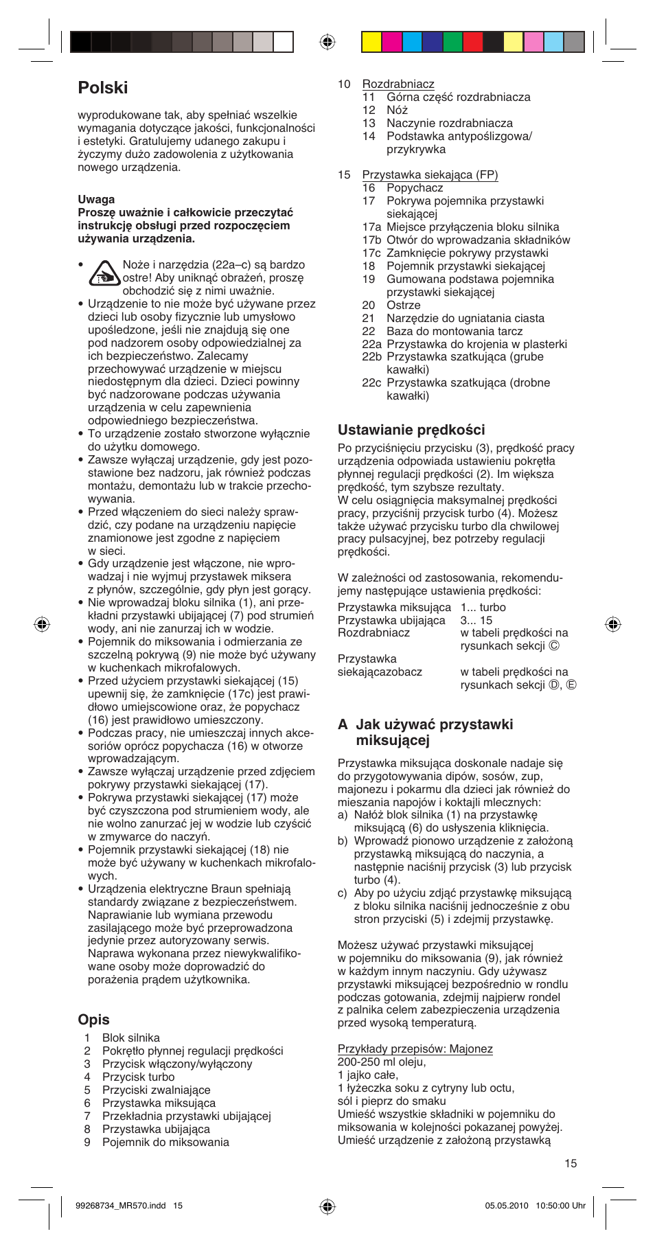 Polski, Opis, Ustawianie prędkości | Âa jak używać przystawki miksującej | Braun MR570 Patisserie User Manual | Page 15 / 55