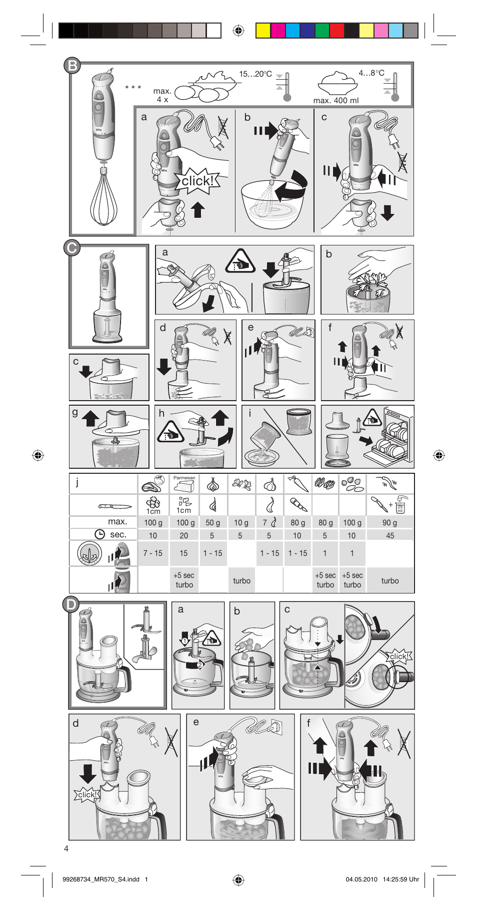 Click, Bc a d e | Braun MR570 Patisserie User Manual | Page 4 / 55
