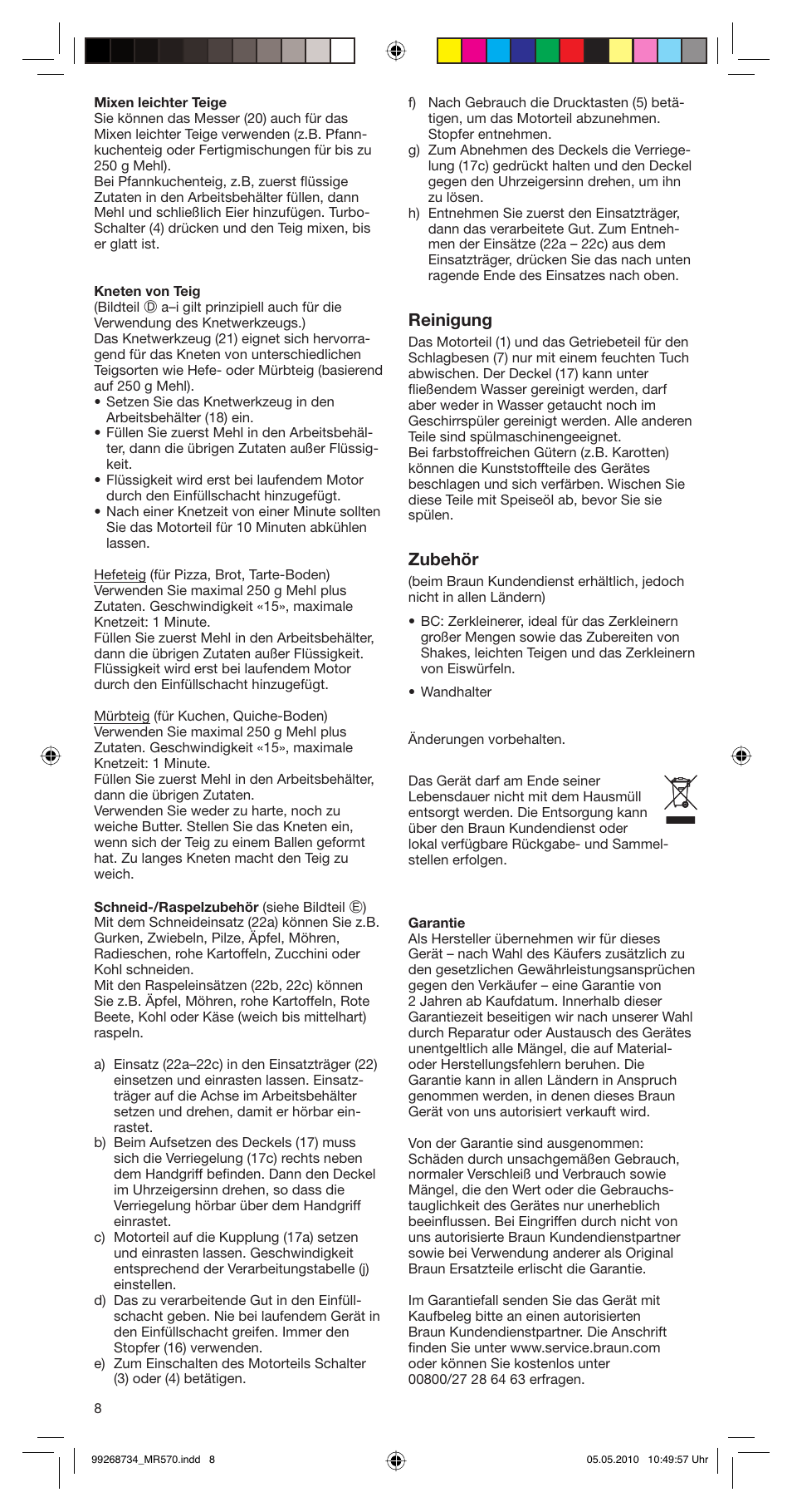 Reinigung, Zubehör | Braun MR570 Patisserie User Manual | Page 8 / 55