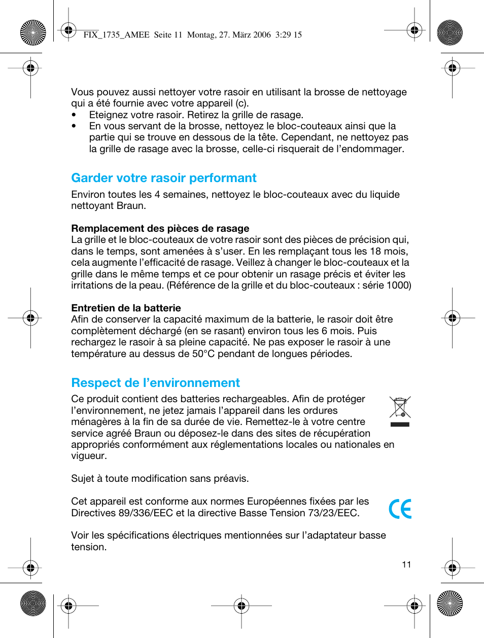 Garder votre rasoir performant, Respect de l’environnement | Braun 1735 User Manual | Page 10 / 53