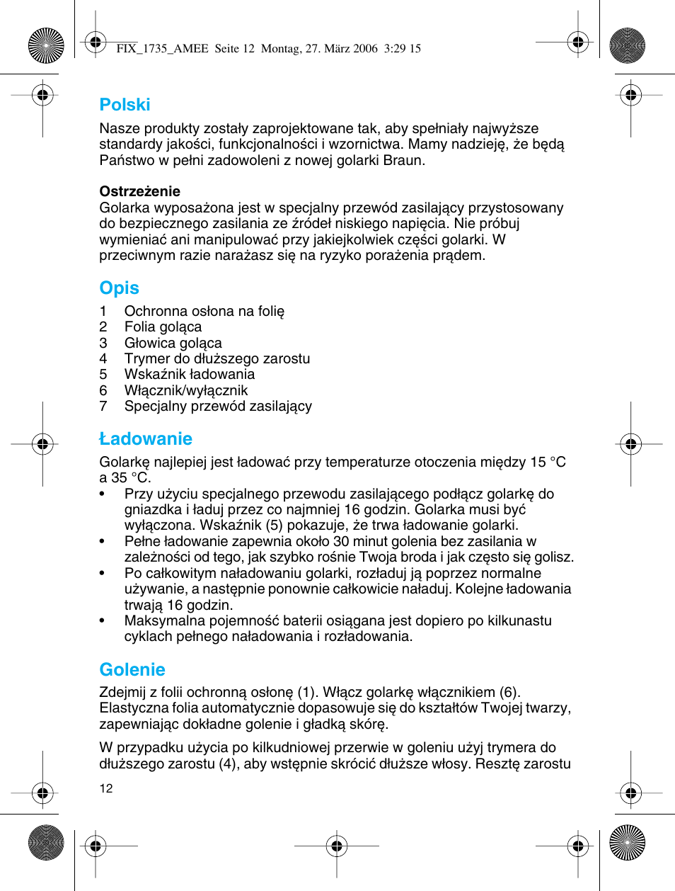 Polski, Opis, Adowanie | Golenie | Braun 1735 User Manual | Page 11 / 53