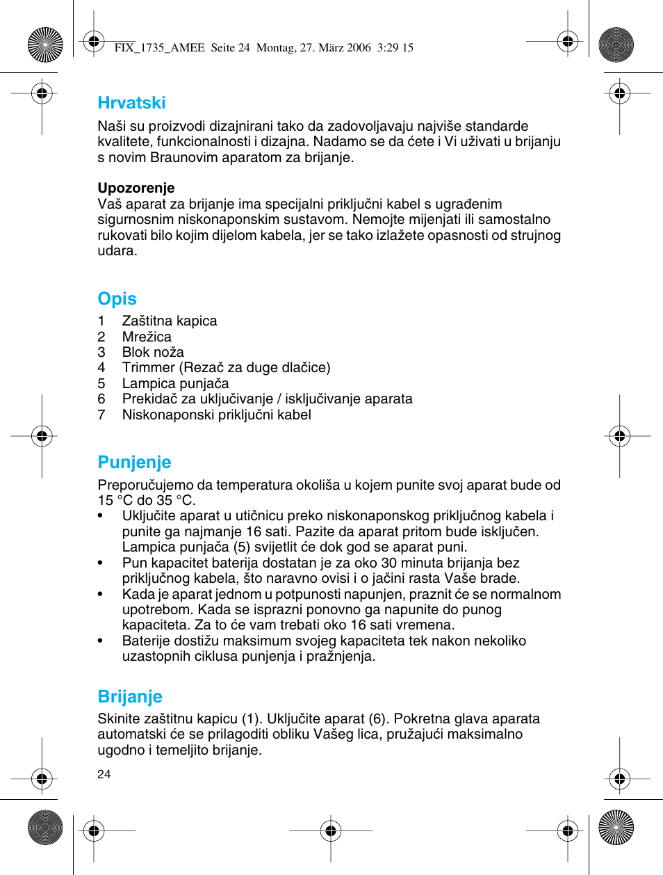 Hrvatski, Opis, Punjenje | Brijanje | Braun 1735 User Manual | Page 23 / 53