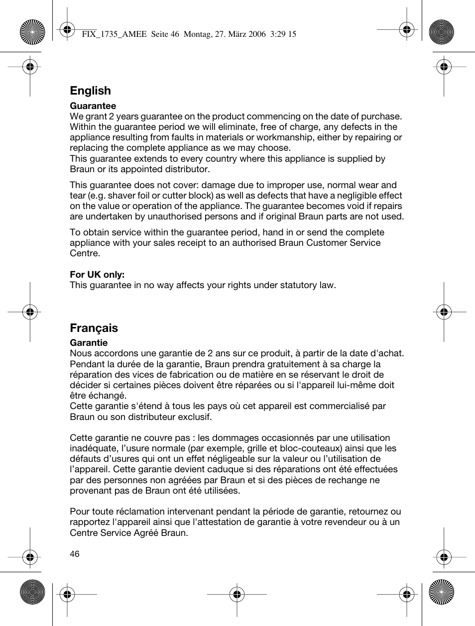 English, Français | Braun 1735 User Manual | Page 45 / 53